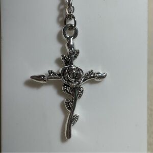 Elegant Silver Rose Cross Pendant Necklace